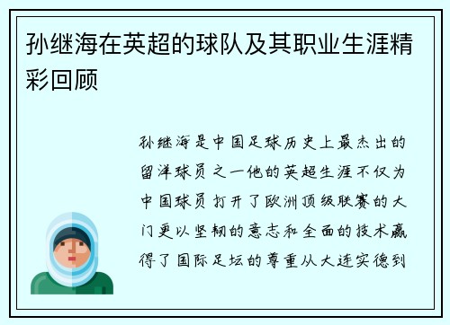 孙继海在英超的球队及其职业生涯精彩回顾